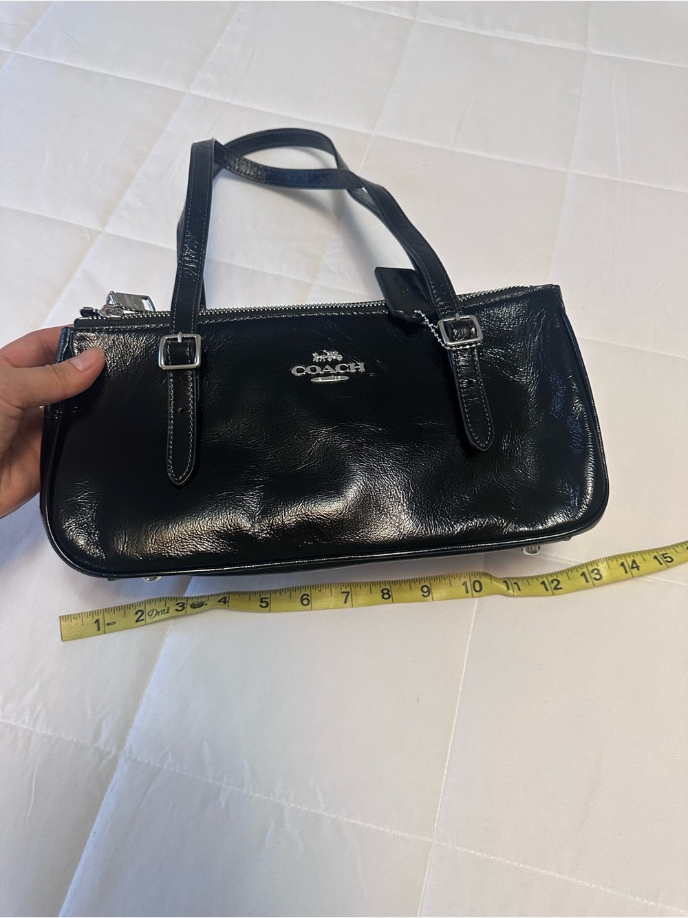 Coach Asher Black Patent Leather Shoulder Bag with Silver Hardware